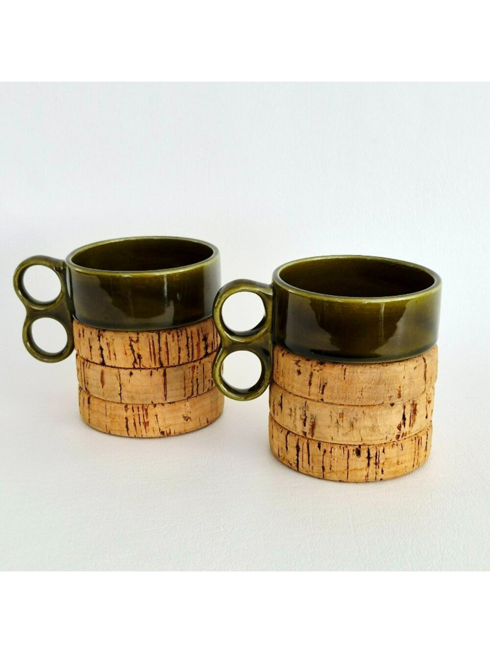 Vintage Olive Green & Cork Base Coffee Mug Set of 2 Double Loop Handle, Portugal